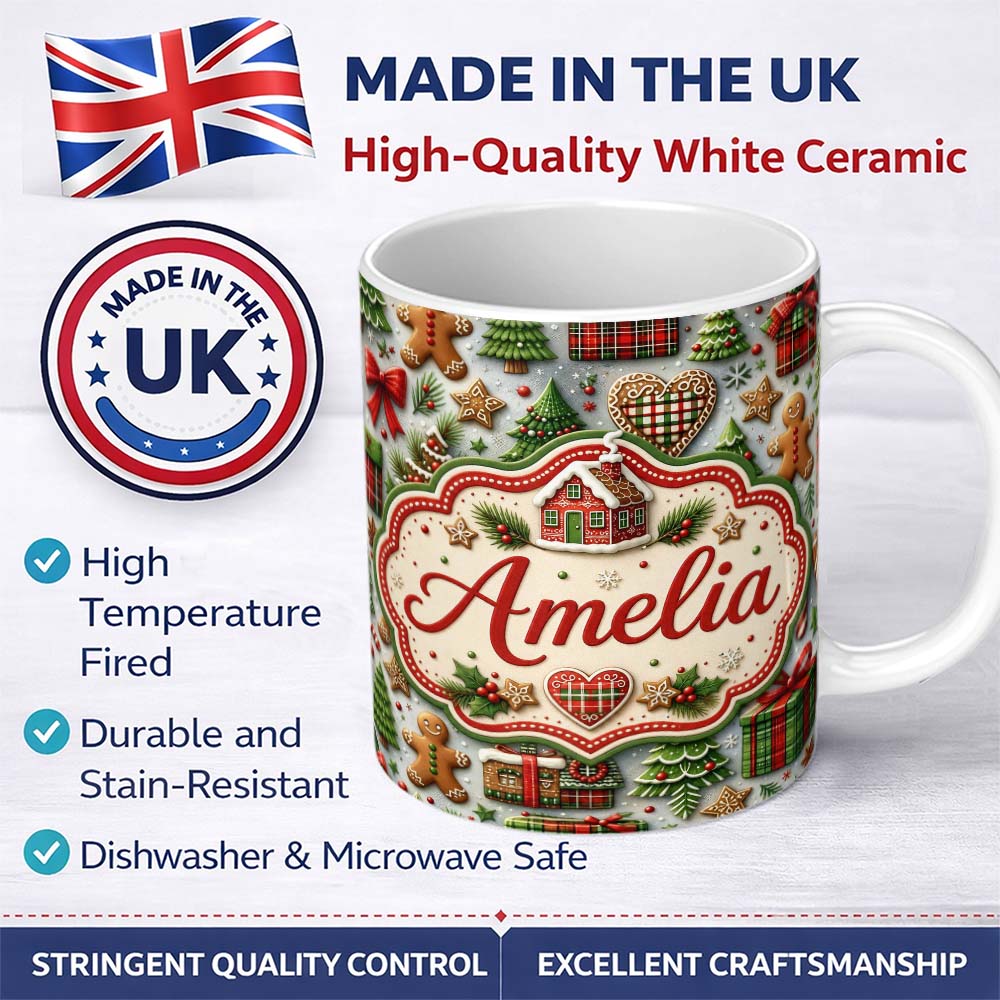 Personalized Custom Name Festive Christmas Gingerbread House Cookies Trees Seamless Pattern 11oz Ceramic Coffee Tea Mug White Large Handle