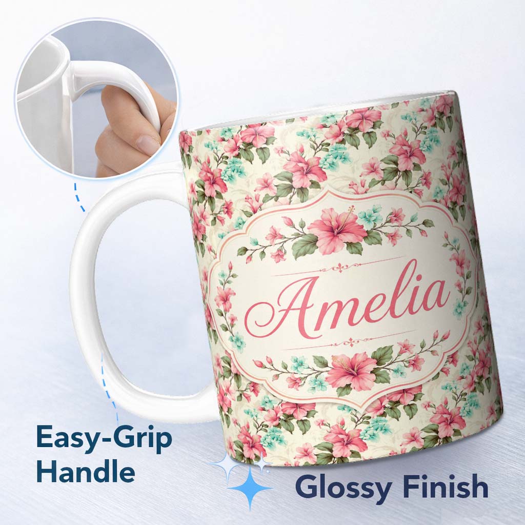 Personalized Custom Name Vintage Floral Hibiscus Blossom Soft Pastel Seamless Pattern Name 11oz Ceramic Coffee Tea Mug White Large Handle