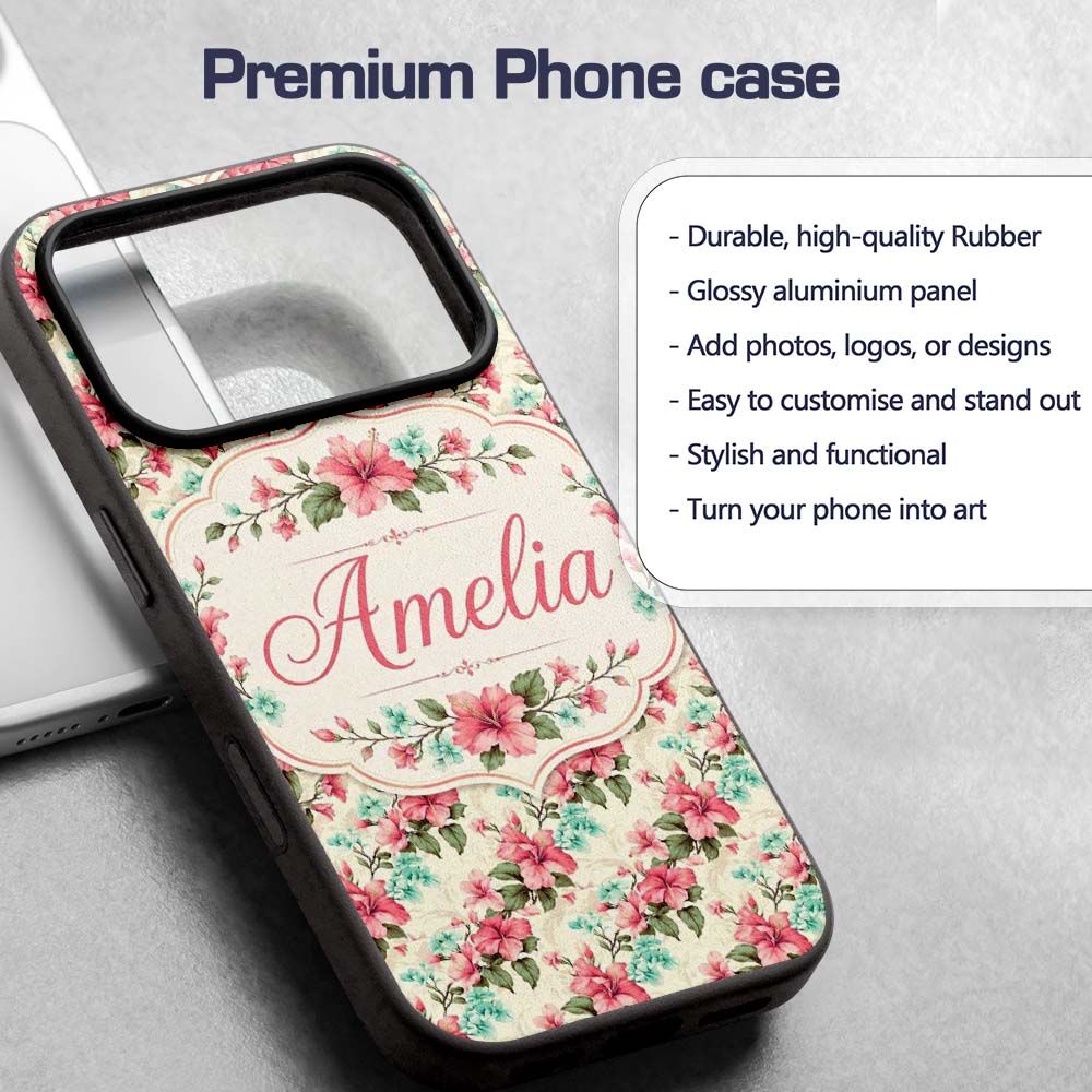 Vintage Floral Hibiscus Blossom Printed Design Custom Name Protective Phone Case Mobile Cover Durable Everyday Smartphone Shock Resistant