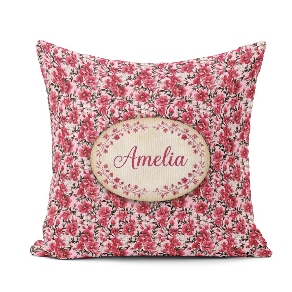 Custom Name Bold Pink Floral Garden Bloom Detailed Seamless Name Square Filled Cushion Throw Pillow Sofa Bed Home Decor Zip Washable UK Made