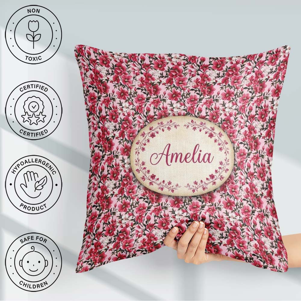 Custom Name Bold Pink Floral Garden Bloom Detailed Seamless Name Square Filled Cushion Throw Pillow Sofa Bed Home Decor Zip Washable UK Made