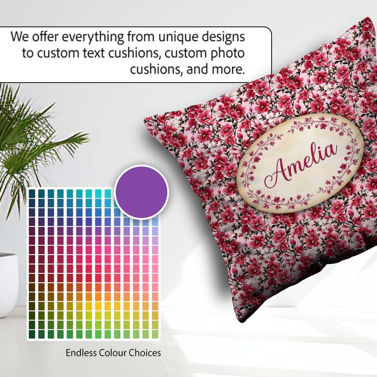 Custom Name Bold Pink Floral Garden Bloom Detailed Seamless Name Square Filled Cushion Throw Pillow Sofa Bed Home Decor Zip Washable UK Made