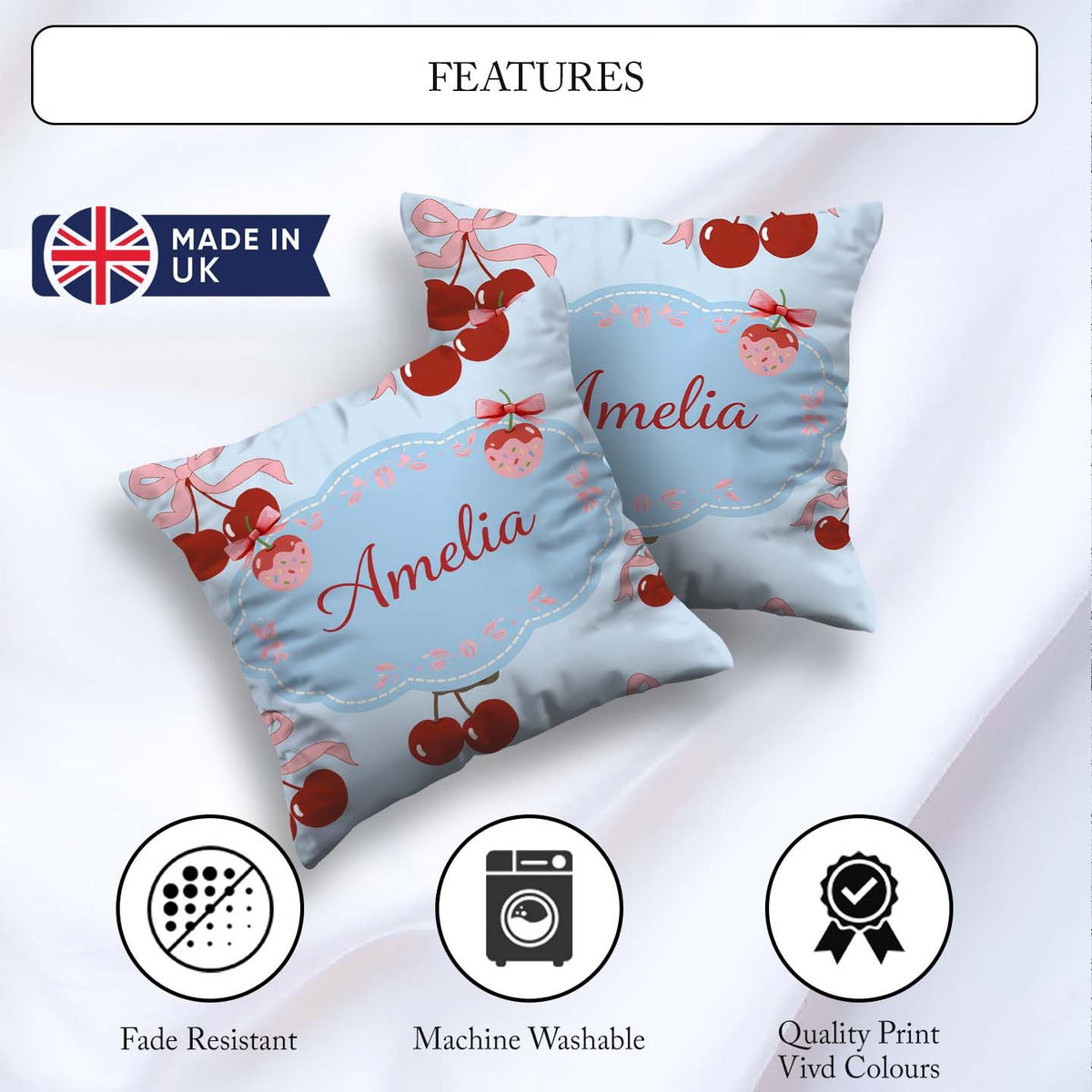 Custom Name Cherry Bow Ribbon Decorative Cherry Seamless Pattern Square Filled Cushion Throw Pillow Sofa Bed Home Decor Zip Washable UK Made