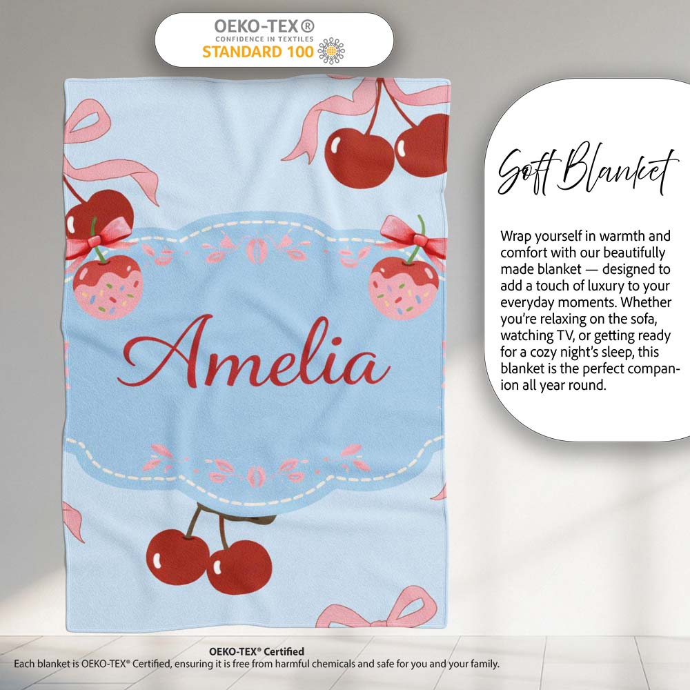 Cherry Bow Ribbon Cute Decorative Cherry Seamless Pattern Lovely Personalised Custom Name Super Soft Fleece Blanket Bed Sofa Throw
