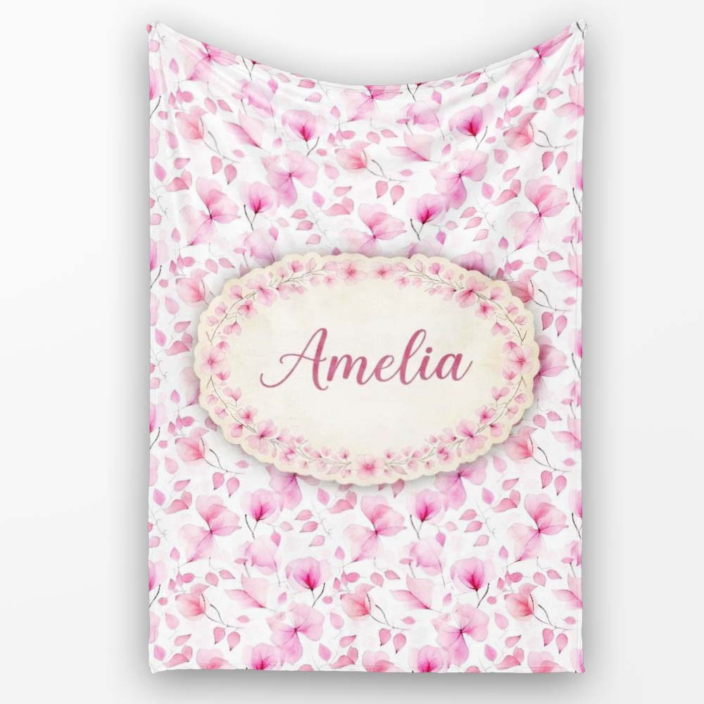 Soft Watercolor Pink Leaves Elegant Seamless Pattern Name Cute Personalised Custom Name Super Soft Fleece Blanket Bed Sofa Throw