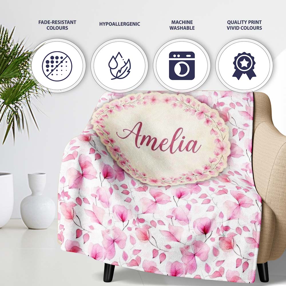 Soft Watercolor Pink Leaves Elegant Seamless Pattern Name Cute Personalised Custom Name Super Soft Fleece Blanket Bed Sofa Throw