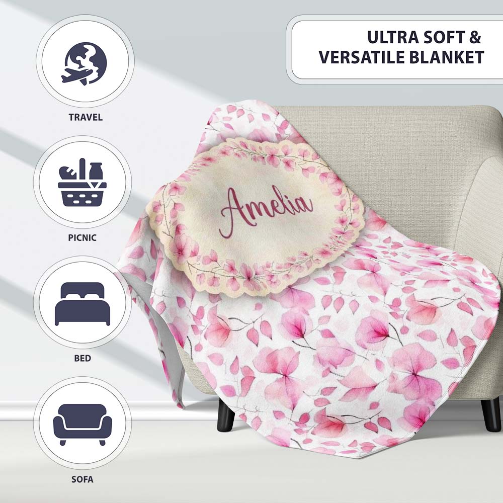 Soft Watercolor Pink Leaves Elegant Seamless Pattern Name Cute Personalised Custom Name Super Soft Fleece Blanket Bed Sofa Throw
