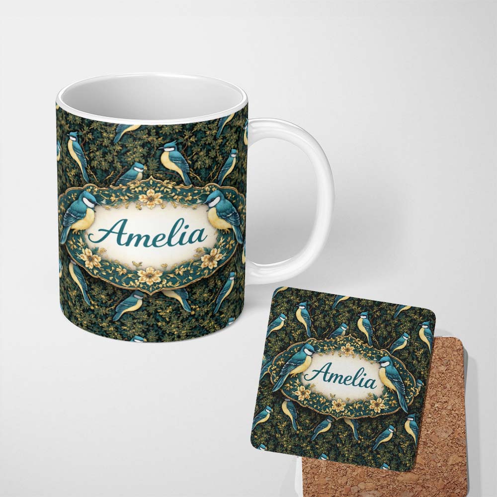Personalized Custom Name Teal Yellow Songbird Forest Leaves Seamless Dark Botanical Nature 11oz Ceramic Coffee Tea Mug White Large Handle