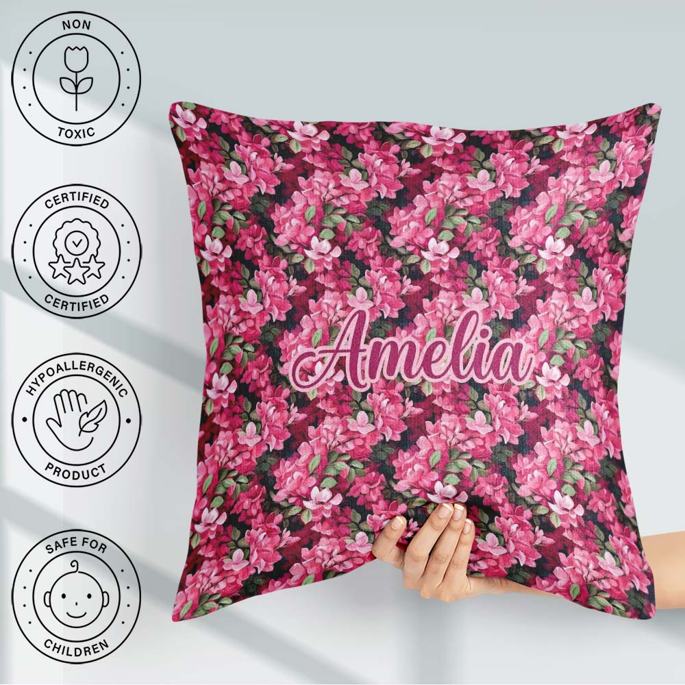 Custom Name Dark Pink Blossoms Lush Floral Seamless Pattern Name Square Filled Cushion Throw Pillow Sofa Bed Home Decor Zip Washable UK Made