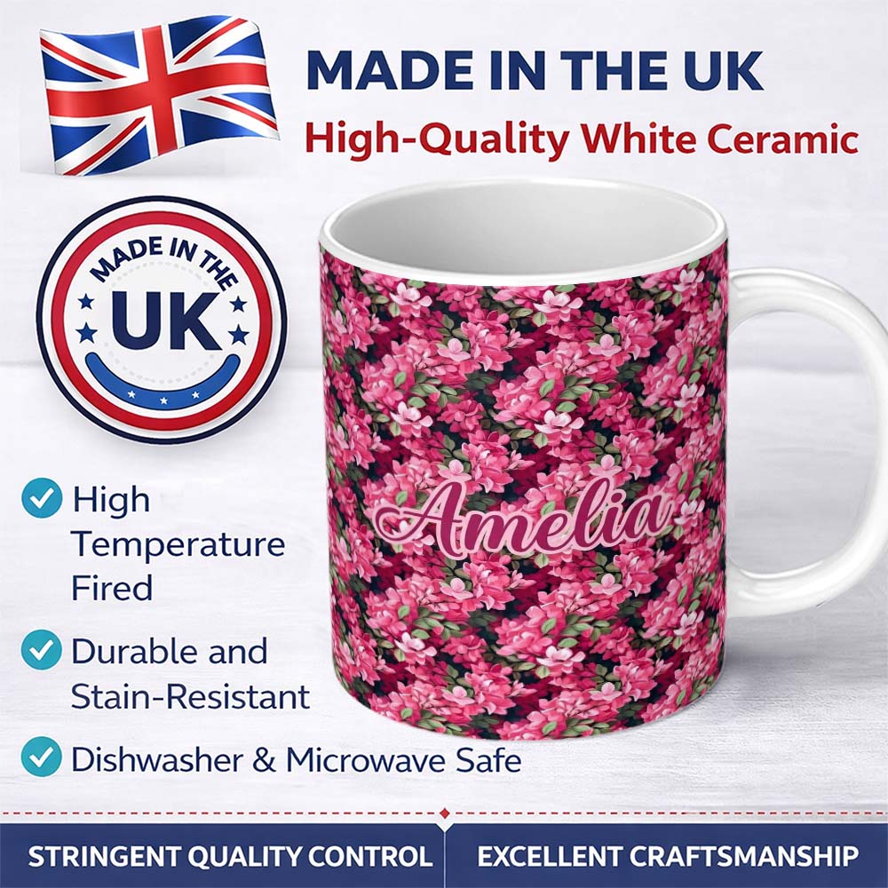 Personalized Custom Name Dark Background Pink Blossoms Lush Floral Seamless Pattern Name Cute 11oz Ceramic Coffee Tea Mug White Large Handle