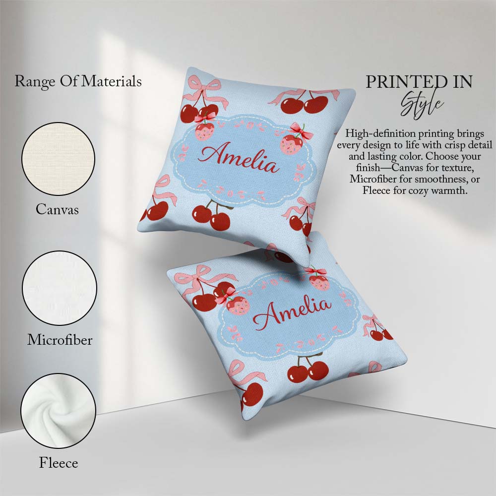 Custom Name Cherry Bow Ribbon Decorative Cherry Seamless Pattern Square Filled Cushion Throw Pillow Sofa Bed Home Decor Zip Washable UK Made