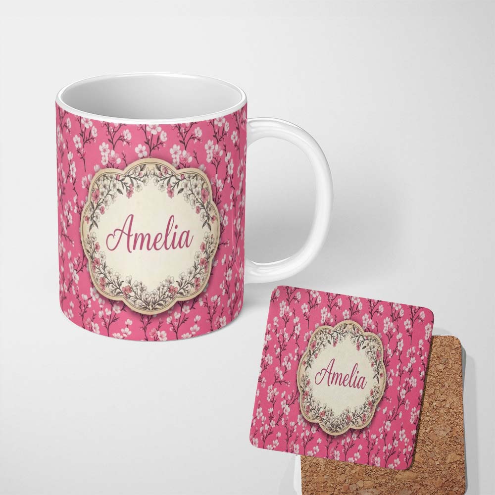 Personalized Custom Name Pink Cherry Blossom Branches with White Flowers Seamless Pattern 11oz Ceramic Coffee Tea Mug White Large Handle