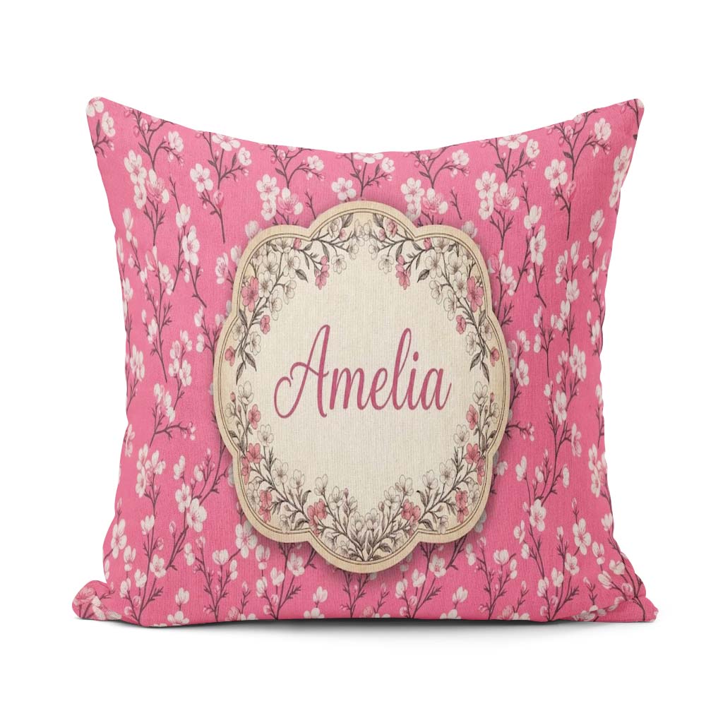 Custom Name Pink Blossom Branches White Flowers Seamless Pattern Square Filled Cushion Throw Pillow Sofa Bed Home Decor Zip Washable UK Made