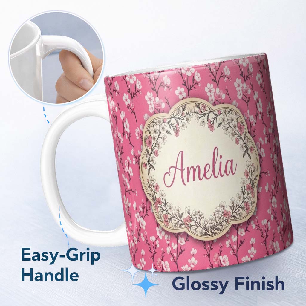 Personalized Custom Name Pink Cherry Blossom Branches with White Flowers Seamless Pattern 11oz Ceramic Coffee Tea Mug White Large Handle