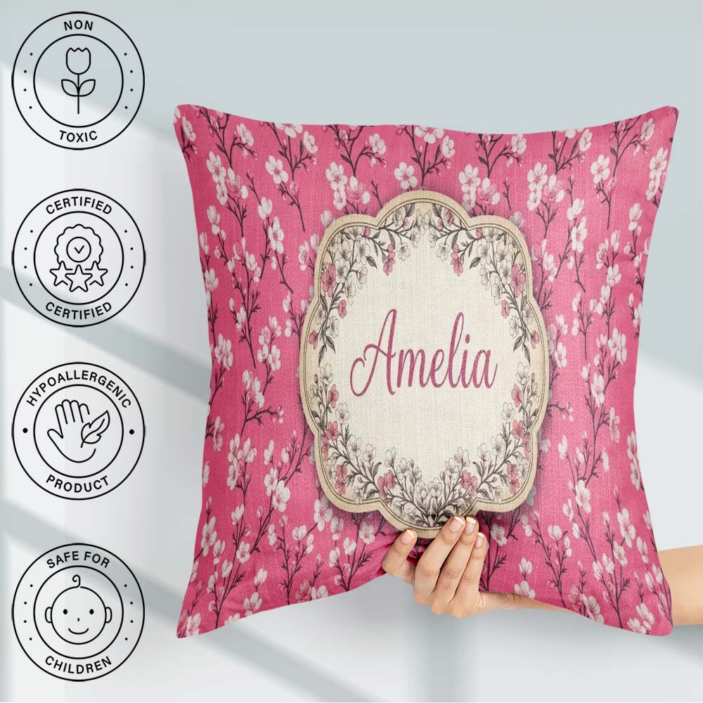 Custom Name Pink Blossom Branches White Flowers Seamless Pattern Square Filled Cushion Throw Pillow Sofa Bed Home Decor Zip Washable UK Made