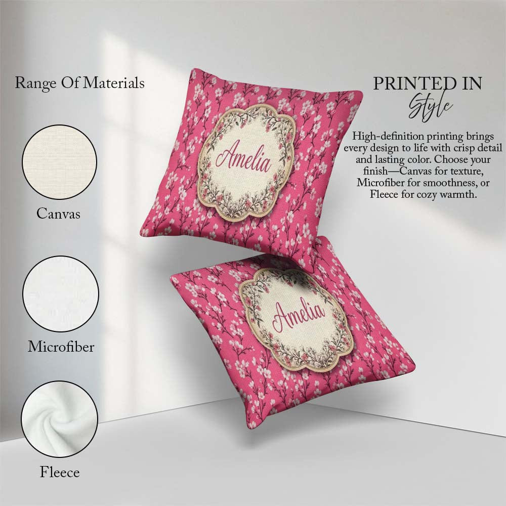 Custom Name Pink Blossom Branches White Flowers Seamless Pattern Square Filled Cushion Throw Pillow Sofa Bed Home Decor Zip Washable UK Made