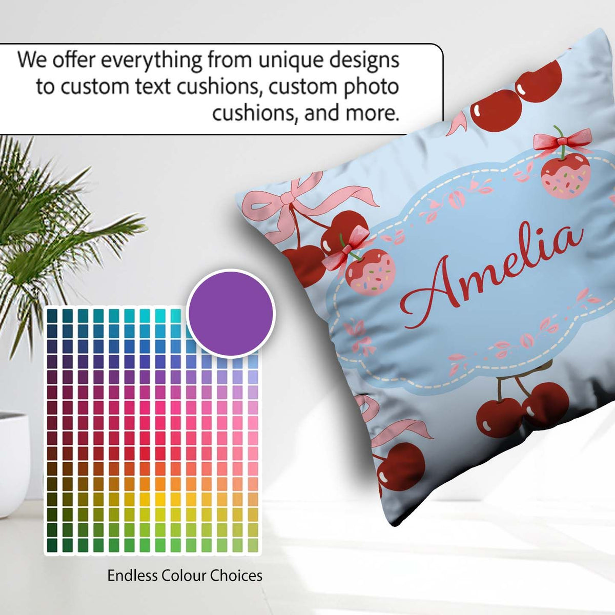 Custom Name Cherry Bow Ribbon Decorative Cherry Seamless Pattern Square Filled Cushion Throw Pillow Sofa Bed Home Decor Zip Washable UK Made