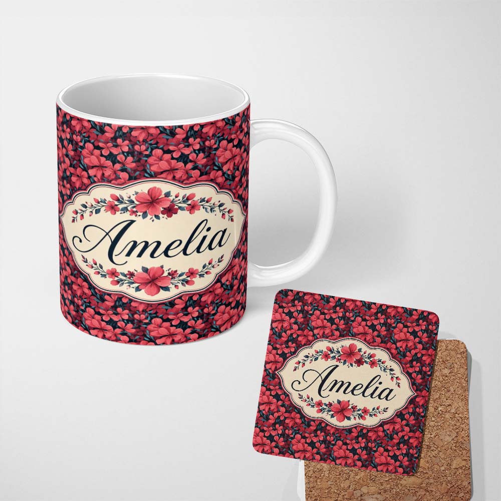 Personalized Custom Name Bold Red Floral Blossoms on Dark Background Seamless Pattern Name 11oz Ceramic Coffee Tea Mug White Large Handle