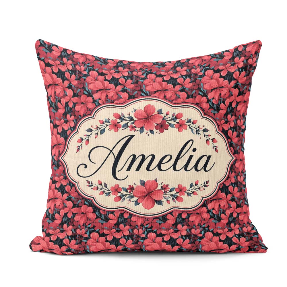 Custom Name Bold Red Floral Blossoms on Dark Background Seamless Square Filled Cushion Throw Pillow Sofa Bed Home Decor Zip Washable UK Made