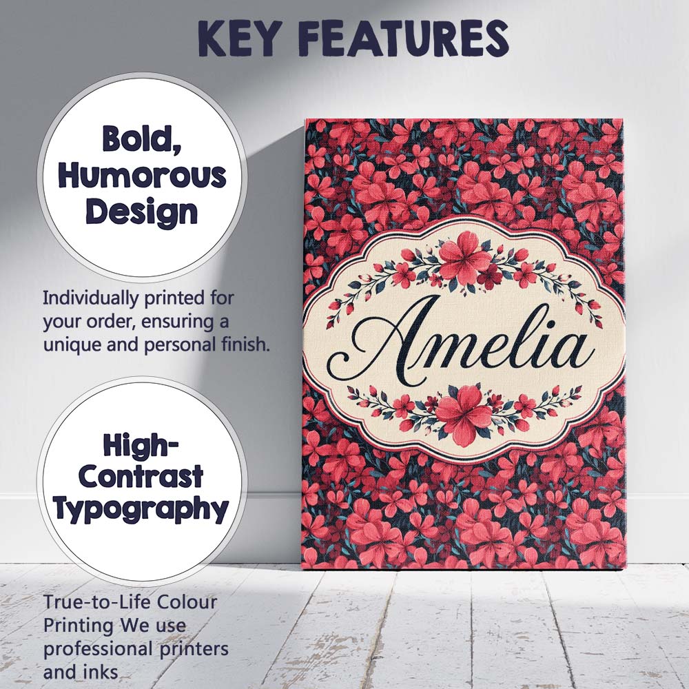 Personalised Name Bold Red Floral Blossoms Custom Unique Gift Idea Elegant Feature Canvas Wall Art Print Decor Picture Ready to Hang