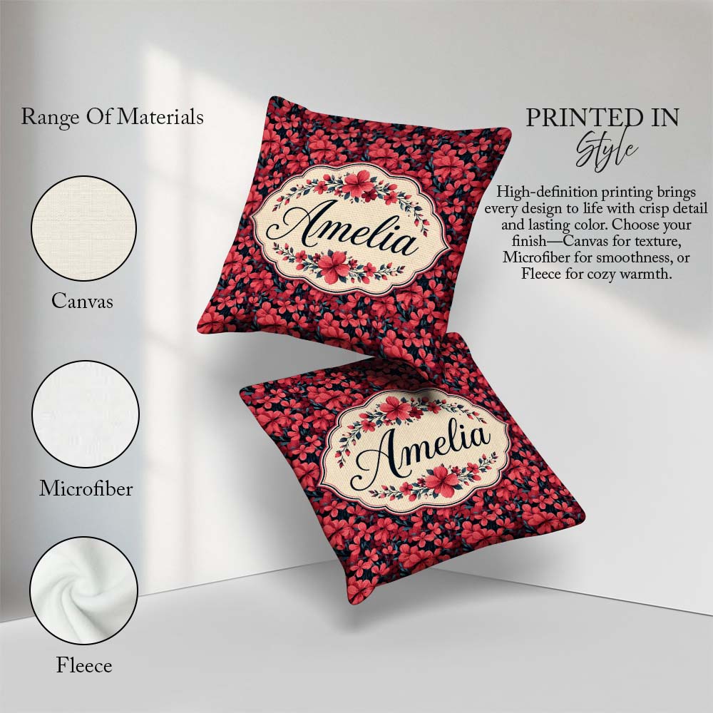 Custom Name Bold Red Floral Blossoms on Dark Background Seamless Square Filled Cushion Throw Pillow Sofa Bed Home Decor Zip Washable UK Made