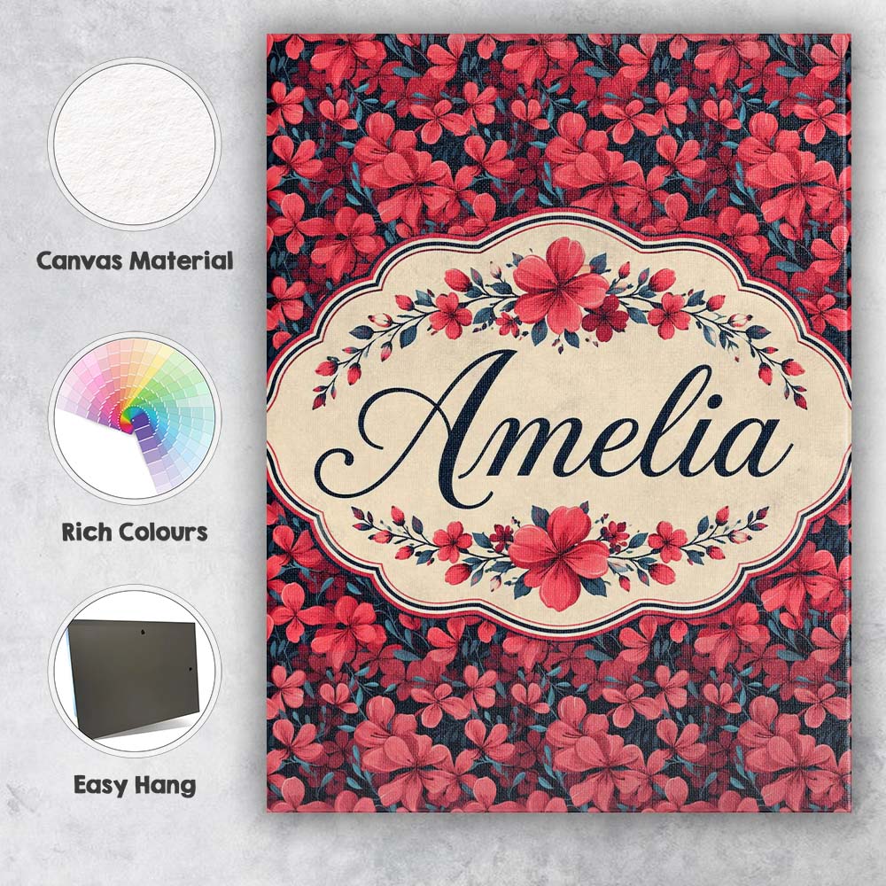 Personalised Name Bold Red Floral Blossoms Custom Unique Gift Idea Elegant Feature Canvas Wall Art Print Decor Picture Ready to Hang