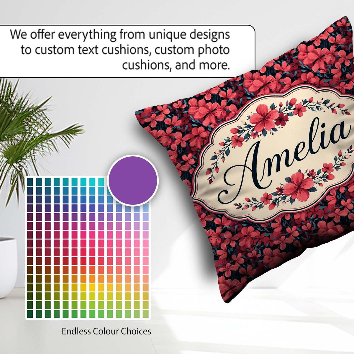 Custom Name Bold Red Floral Blossoms on Dark Background Seamless Square Filled Cushion Throw Pillow Sofa Bed Home Decor Zip Washable UK Made