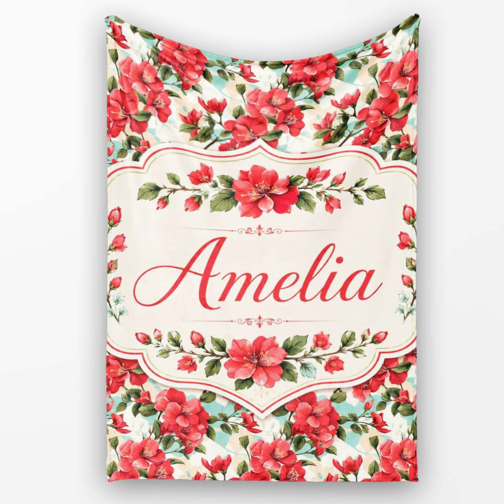 Vintage Red Hibiscus Flowers with Soft Blue Background Seamless Personalised Custom Name Super Soft Fleece Blanket Bed Sofa Throw