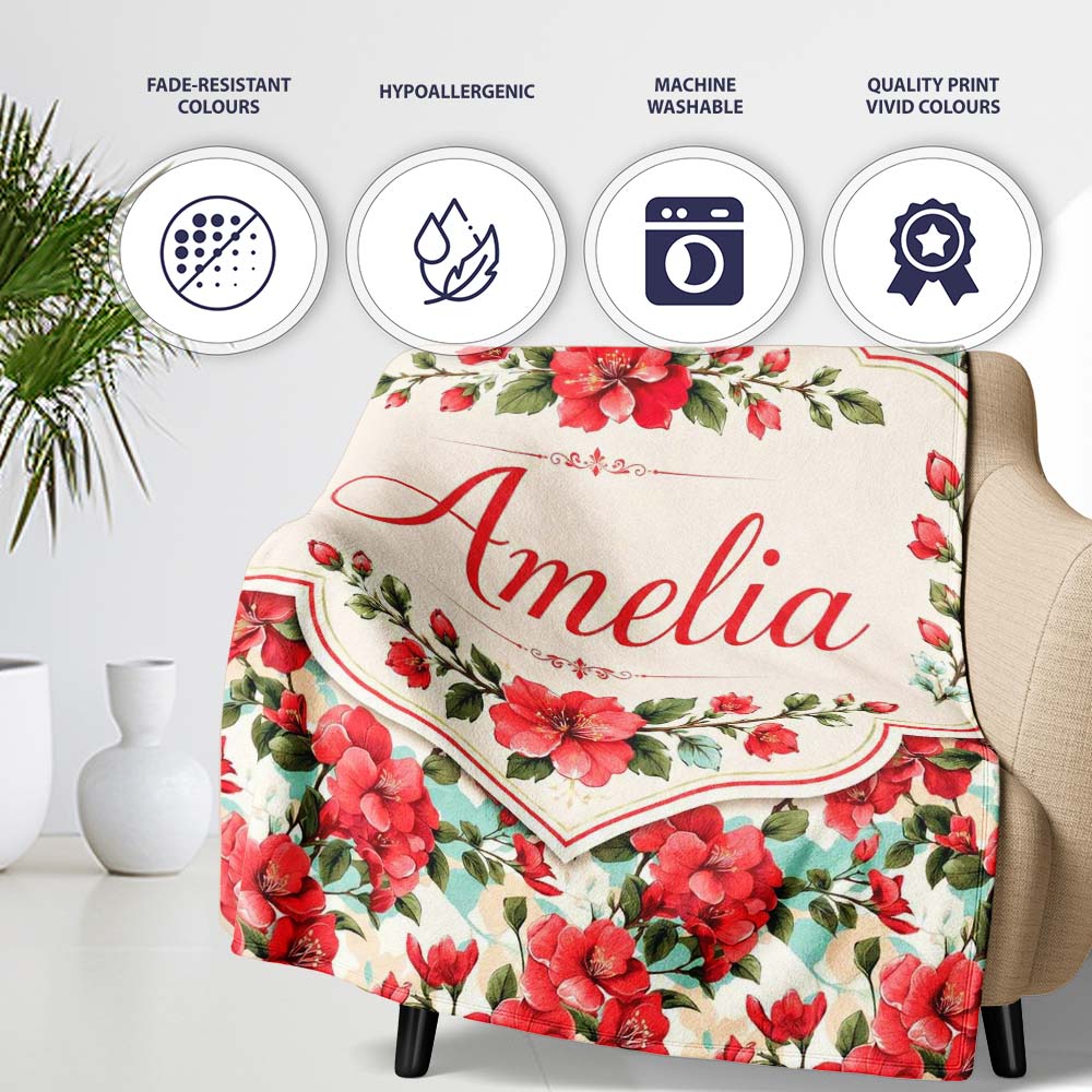 Vintage Red Hibiscus Flowers with Soft Blue Background Seamless Personalised Custom Name Super Soft Fleece Blanket Bed Sofa Throw
