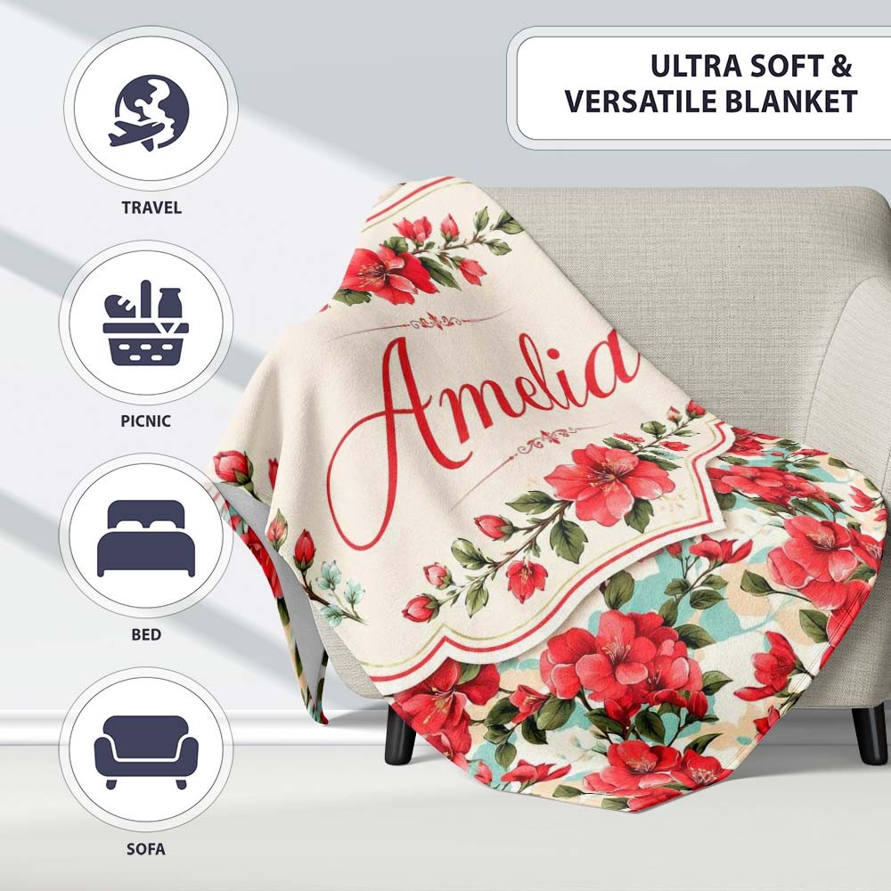 Vintage Red Hibiscus Flowers with Soft Blue Background Seamless Personalised Custom Name Super Soft Fleece Blanket Bed Sofa Throw
