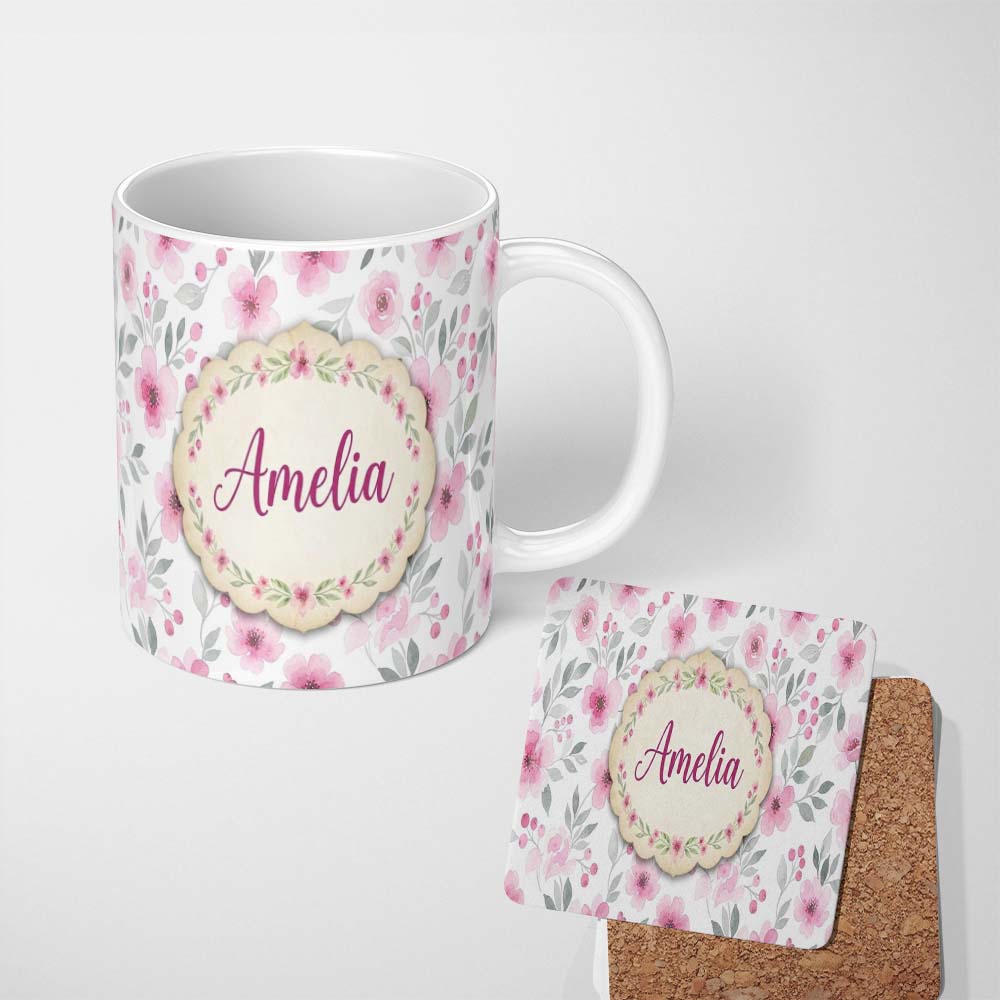 Personalized Custom Name Delicate Pink Watercolor Flowers and Leaves Seamless Pattern Name 11oz Ceramic Coffee Tea Mug White Large Handle