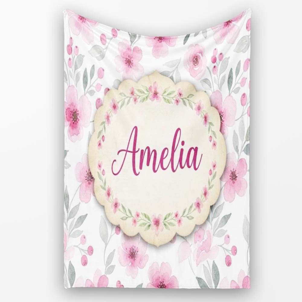 Delicate Pink Watercolor Flowers and Leaves Seamless Pattern Name Personalised Custom Name Super Soft Fleece Blanket Bed Sofa Throw
