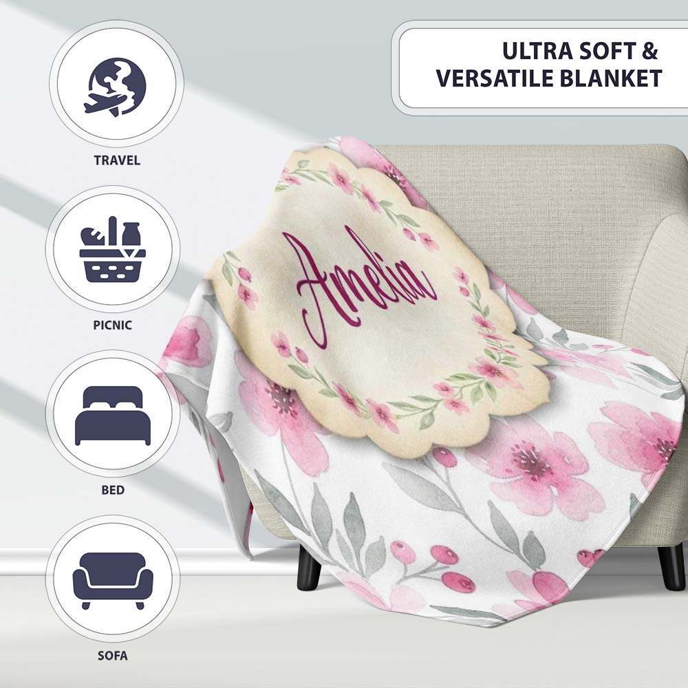 Delicate Pink Watercolor Flowers and Leaves Seamless Pattern Name Personalised Custom Name Super Soft Fleece Blanket Bed Sofa Throw