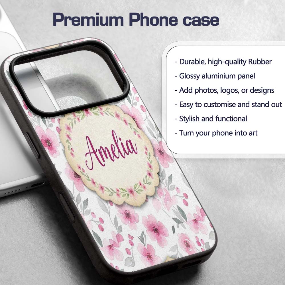Delicate Pink Watercolor Flowers Printed Design Custom Name Protective Phone Case Mobile Cover Durable Everyday Smartphone Shock Resistant