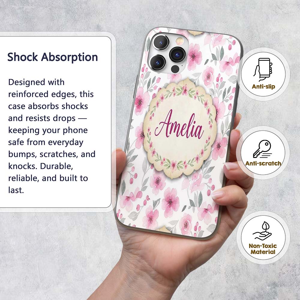 Delicate Pink Watercolor Flowers Printed Design Custom Name Protective Phone Case Mobile Cover Durable Everyday Smartphone Shock Resistant