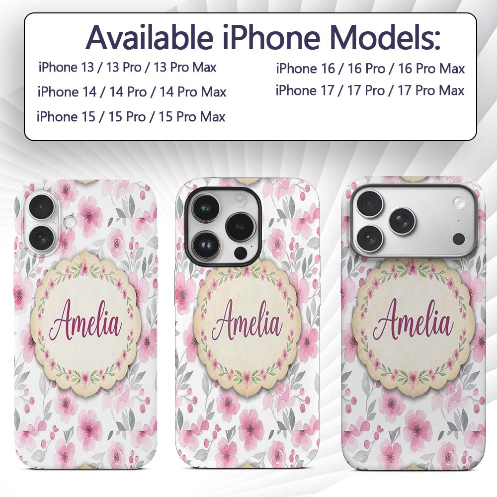 Delicate Pink Watercolor Flowers Printed Design Custom Name Protective Phone Case Mobile Cover Durable Everyday Smartphone Shock Resistant