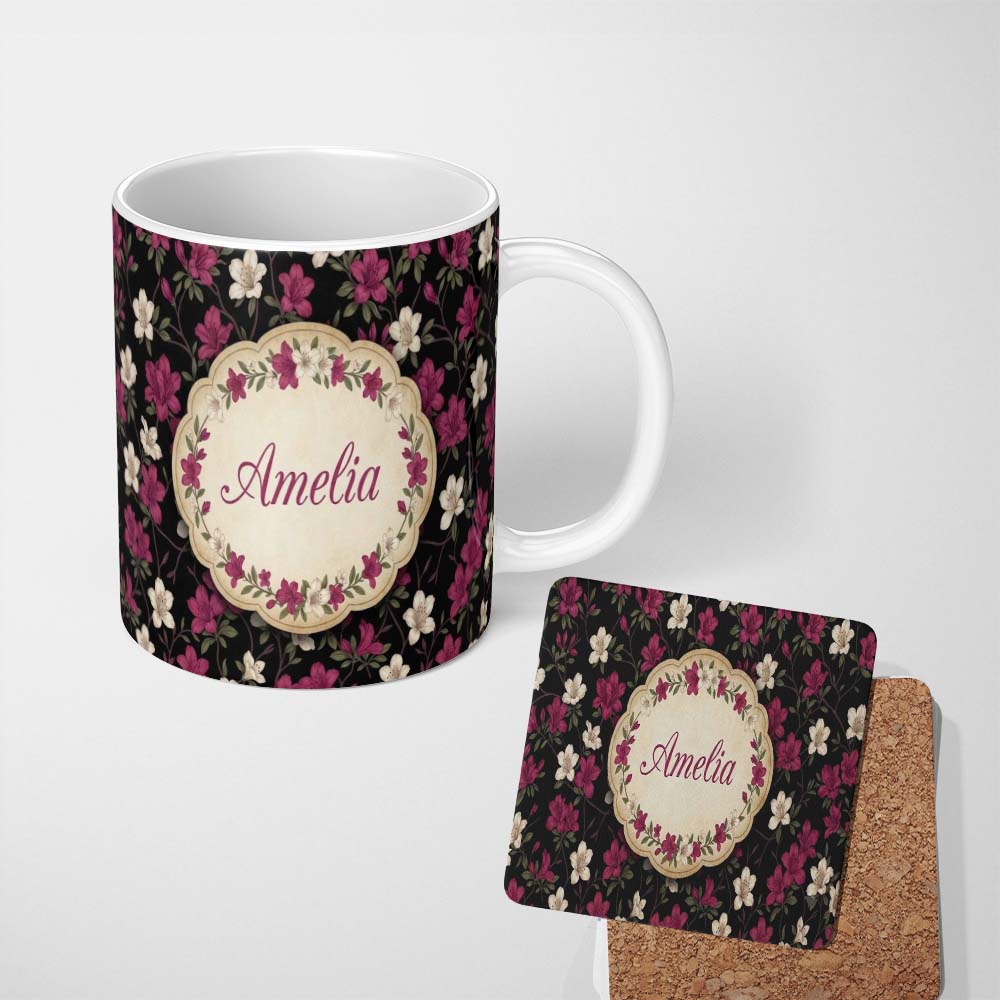 Personalized Custom Name Elegant Pink Floral Arrangement on Deep Dark Background Seamless 11oz Ceramic Coffee Tea Mug White Large Handle