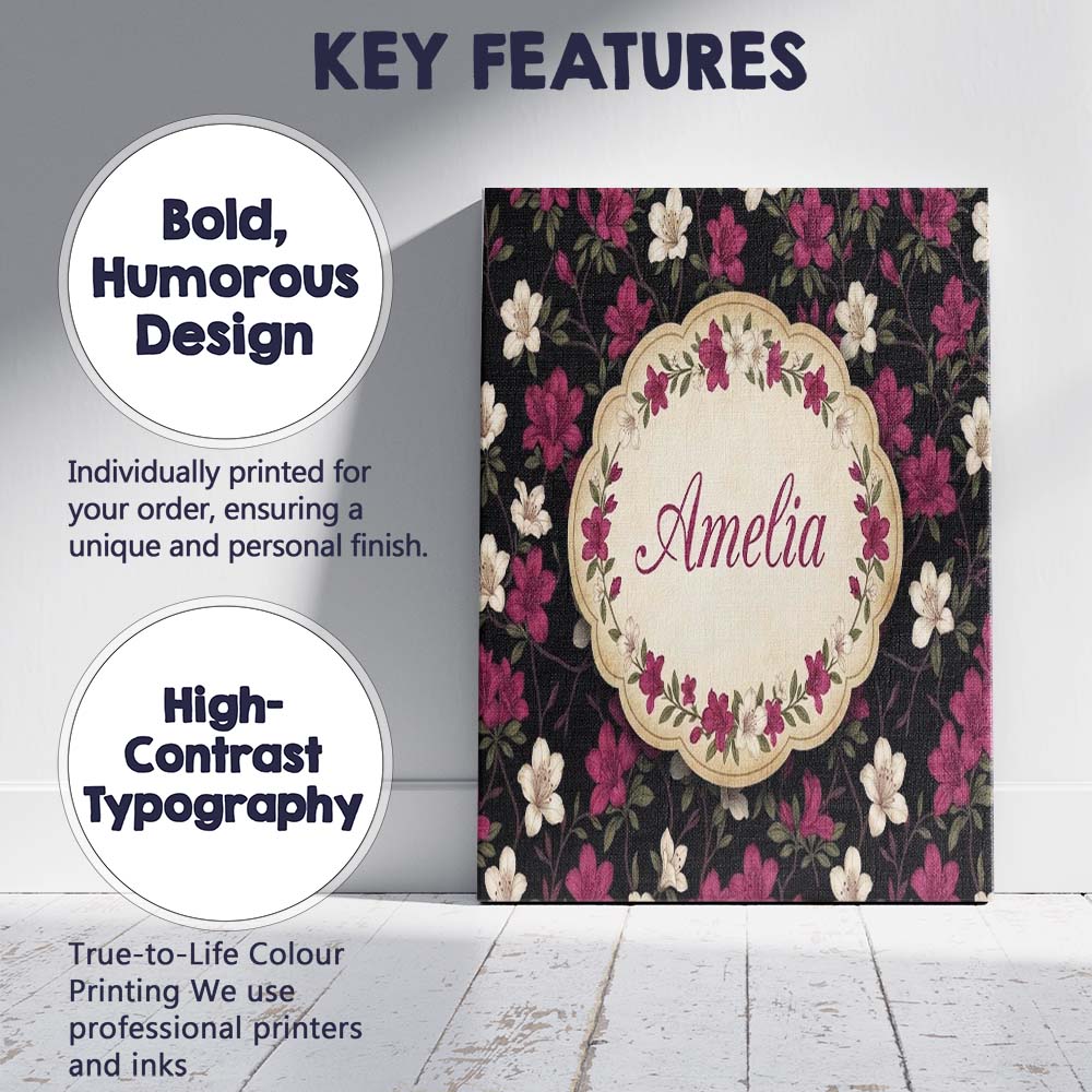 Personalised Name Elegant Pink Floral Custom Modern Room Accent Creative Decorator Style Canvas Wall Art Print Decor Picture Ready to Hang