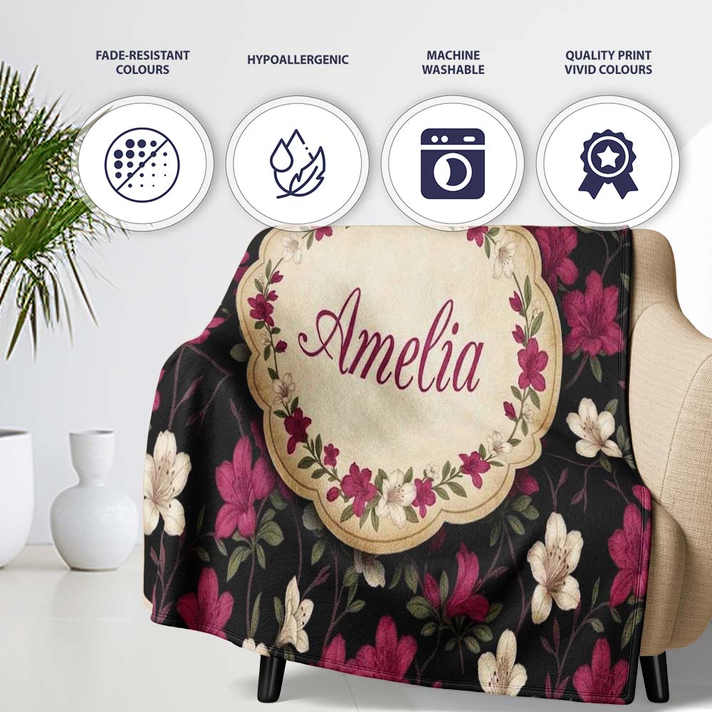 Elegant Pink Floral Arrangement on Deep Dark Background Seamless Personalised Custom Name Super Soft Fleece Blanket Bed Sofa Throw