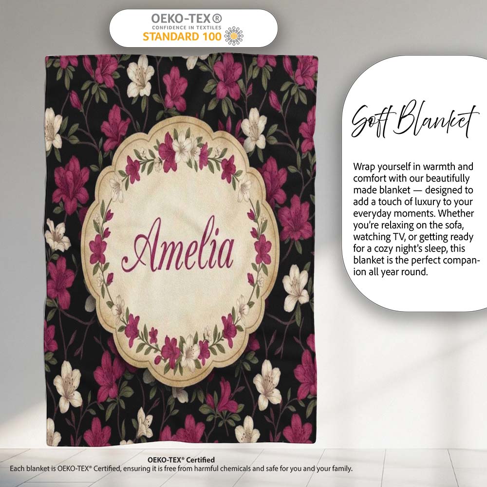 Elegant Pink Floral Arrangement on Deep Dark Background Seamless Personalised Custom Name Super Soft Fleece Blanket Bed Sofa Throw