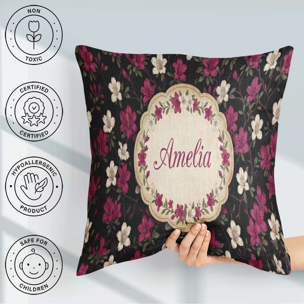 Custom Name Elegant Pink Floral on Deep Dark Background Seamless Square Filled Cushion Throw Pillow Sofa Bed Home Decor Zip Washable UK Made