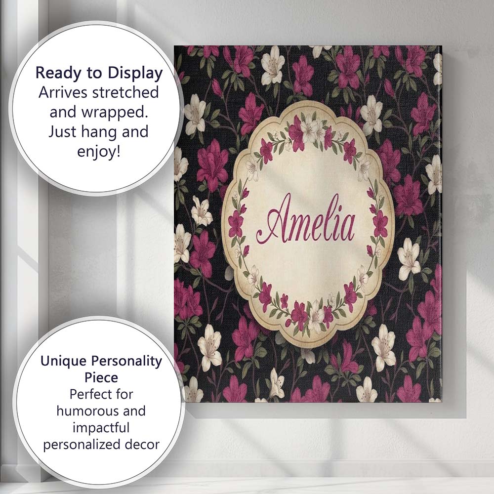 Personalised Name Elegant Pink Floral Custom Modern Room Accent Creative Decorator Style Canvas Wall Art Print Decor Picture Ready to Hang