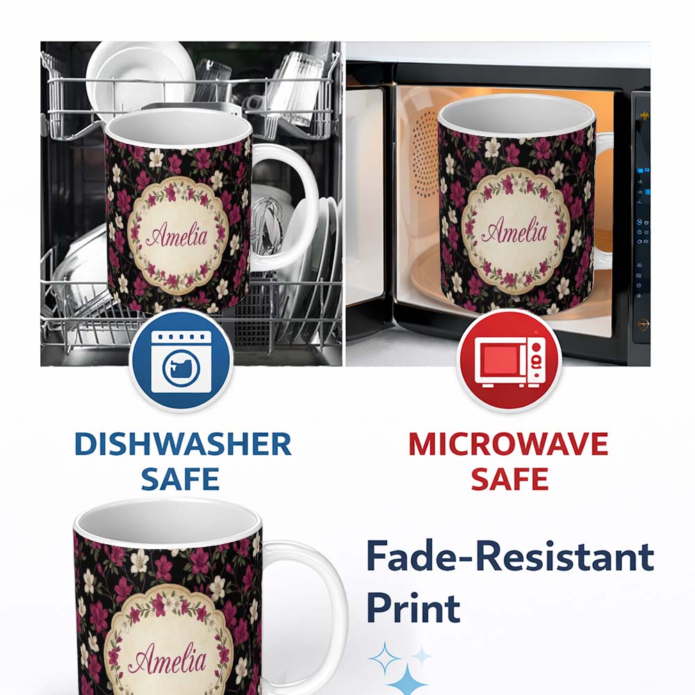 Personalized Custom Name Elegant Pink Floral Arrangement on Deep Dark Background Seamless 11oz Ceramic Coffee Tea Mug White Large Handle