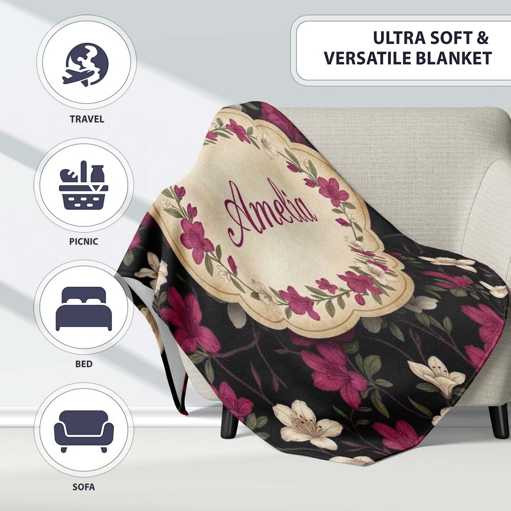 Elegant Pink Floral Arrangement on Deep Dark Background Seamless Personalised Custom Name Super Soft Fleece Blanket Bed Sofa Throw