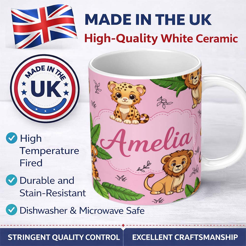 Personalized Custom Name Cute Jungle Animals Lion Tiger Leopard Pink Background Tropical 11oz Ceramic Coffee Tea Mug White Large Handle