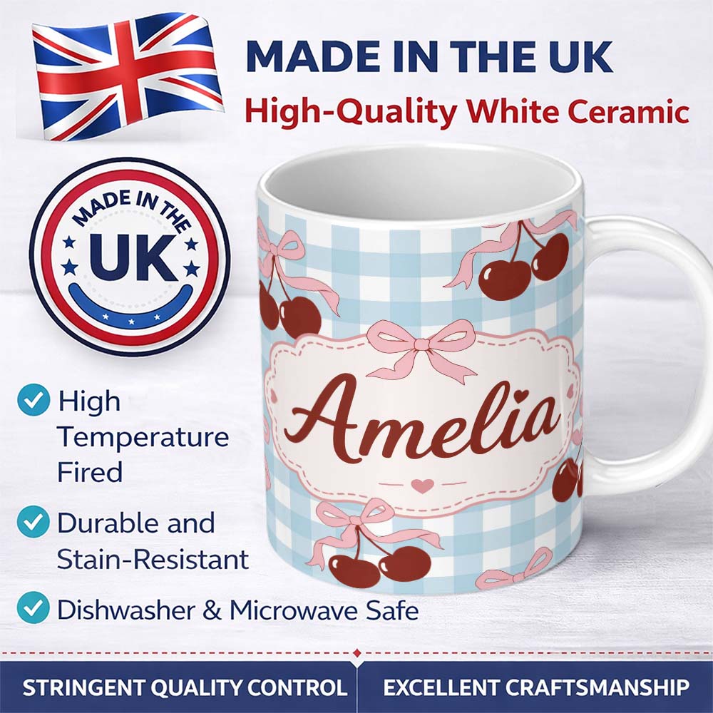 Personalized Custom Name Cherry Bow Ribbon Cute Blue Gingham Picnic Check Seamless Pattern 11oz Ceramic Coffee Tea Mug White Large Handle
