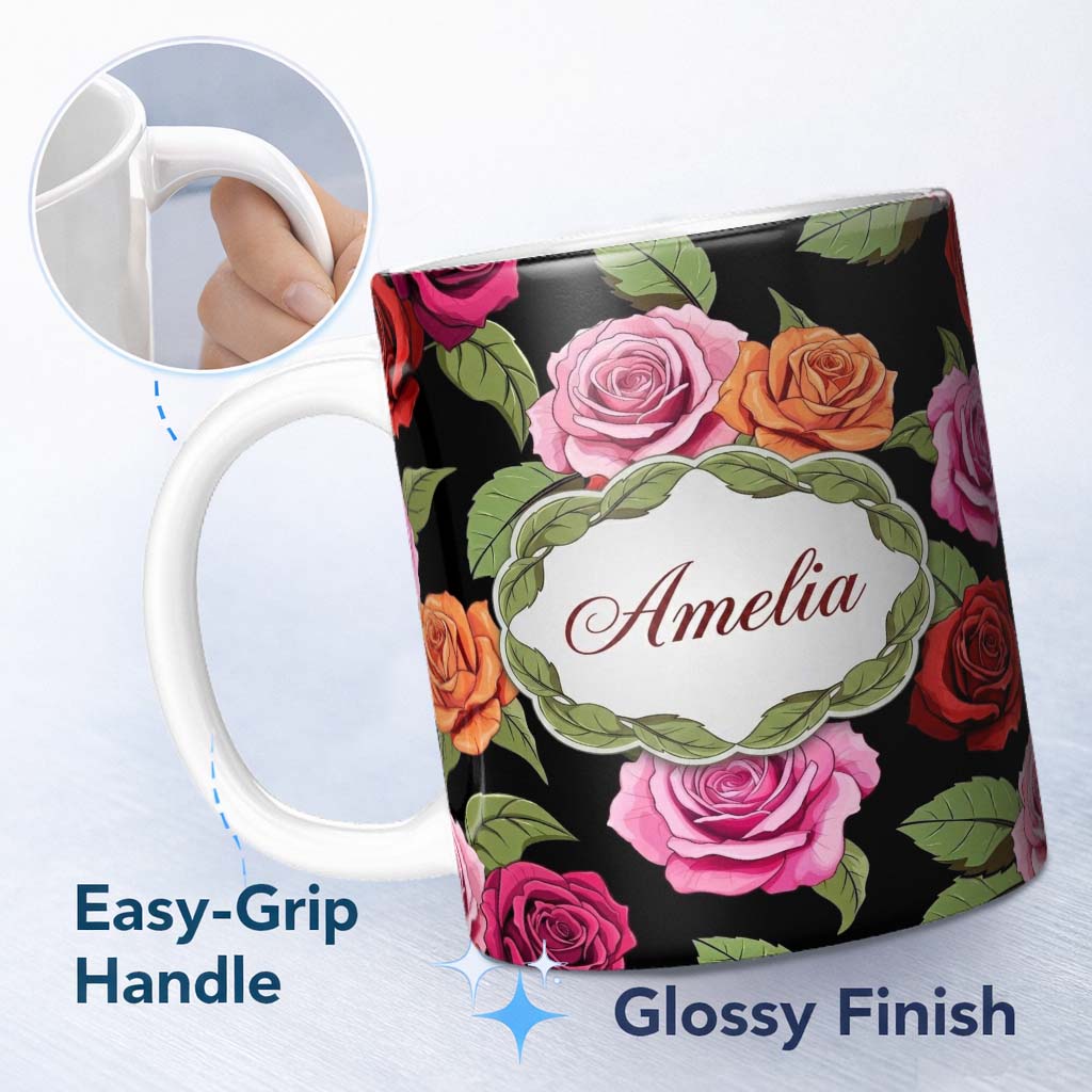 Personalized Custom Name Realistic Rose Flower Seamless Pattern Red Pink Floral Botanical 11oz Ceramic Coffee Tea Mug White Large Handle