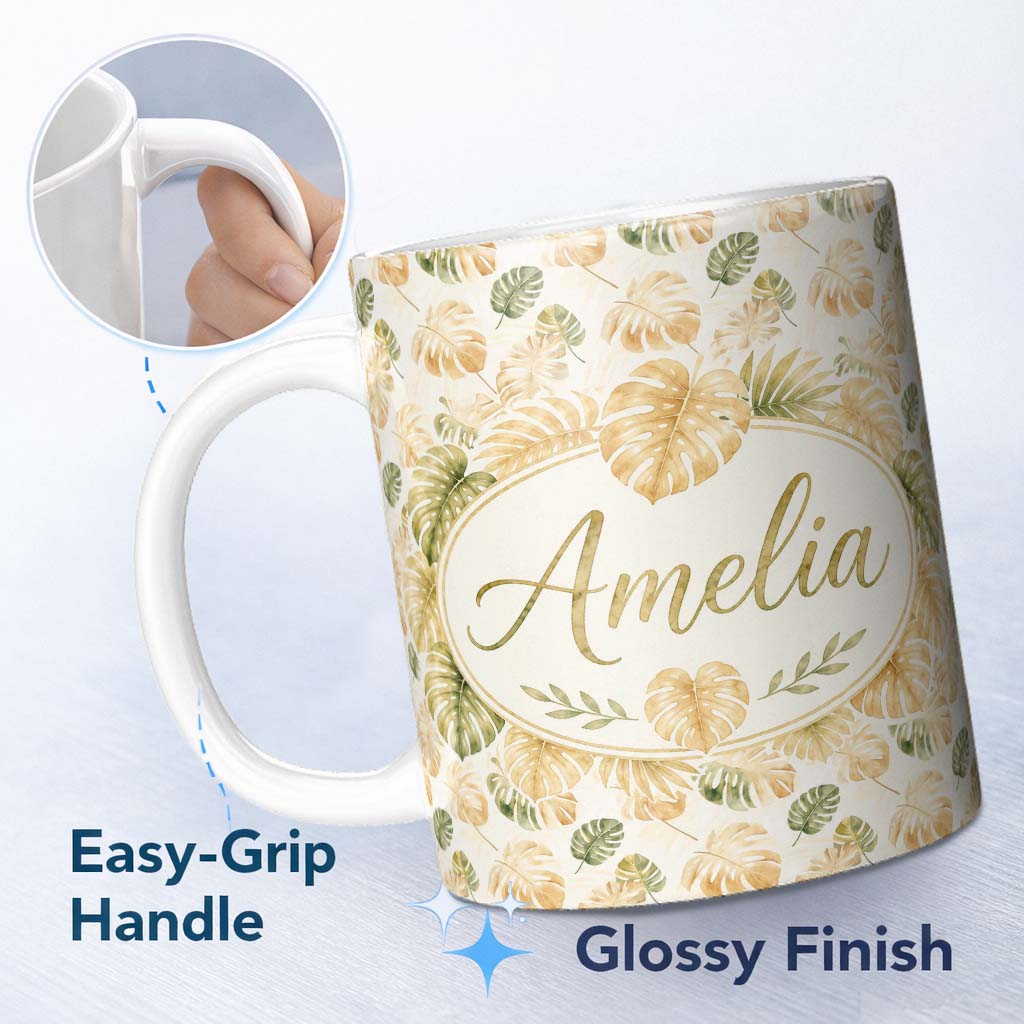 Personalized Custom Name Warm Beige and Green Monstera Leaves Soft Tropical Seamless Pattern 11oz Ceramic Coffee Tea Mug White Large Handle