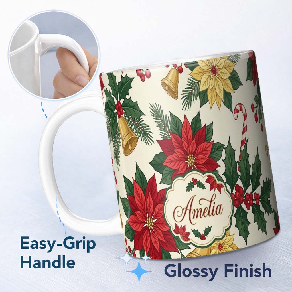 Personalized Custom Name Vintage Holly Leaves Bells Poinsettia and Festive Botanical Seamless 11oz Ceramic Coffee Tea Mug White Large Handle