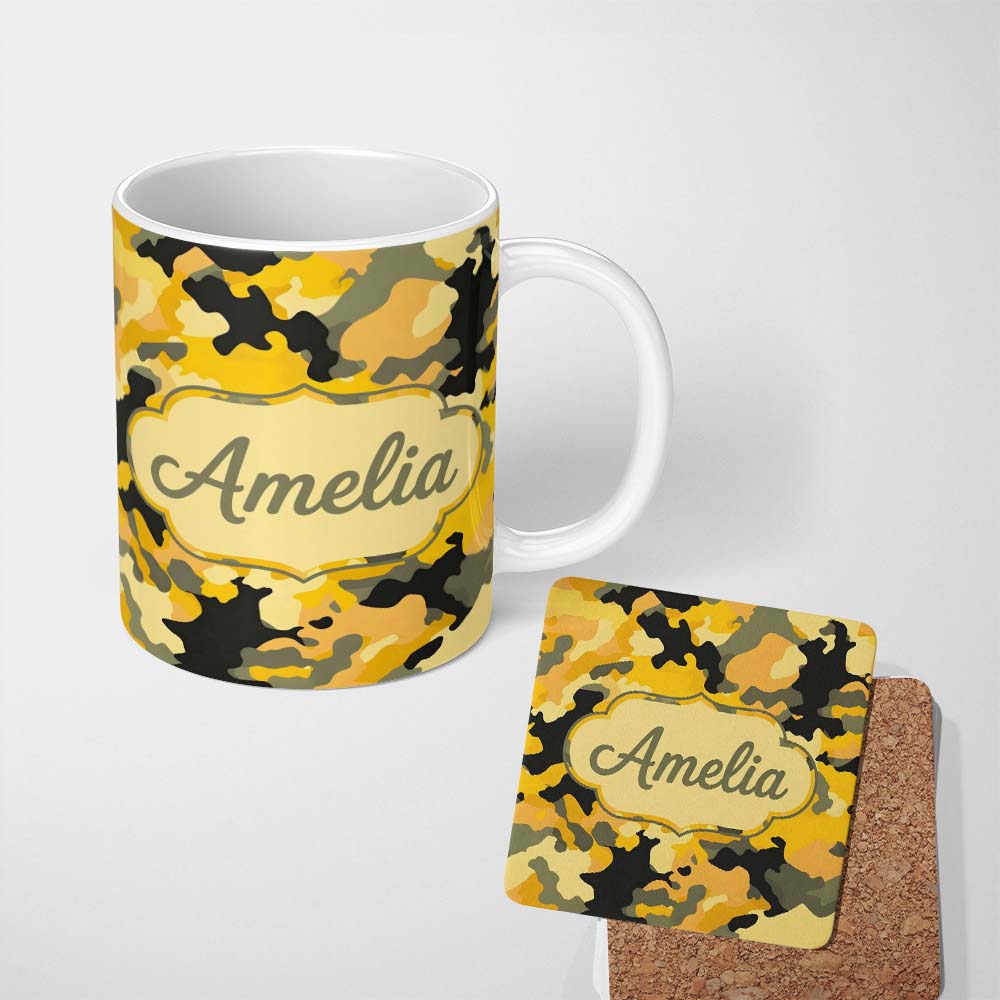 Personalized Custom Name Yellow Desert Camouflage Abstract Seamless Pattern Cute Unique Gift 11oz Ceramic Coffee Tea Mug White Large Handle